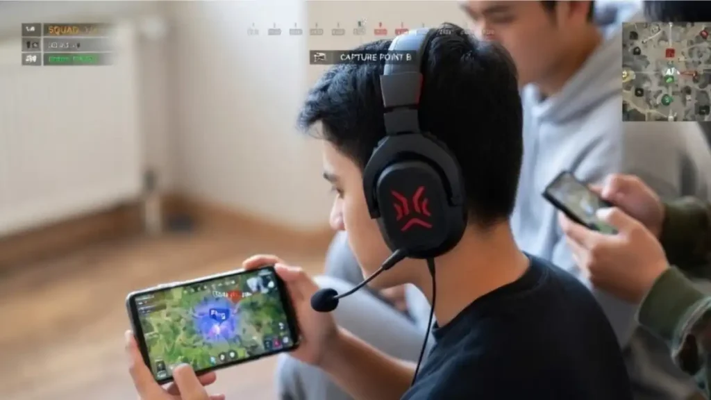 mobile gamer using headphones for better sound awareness in games